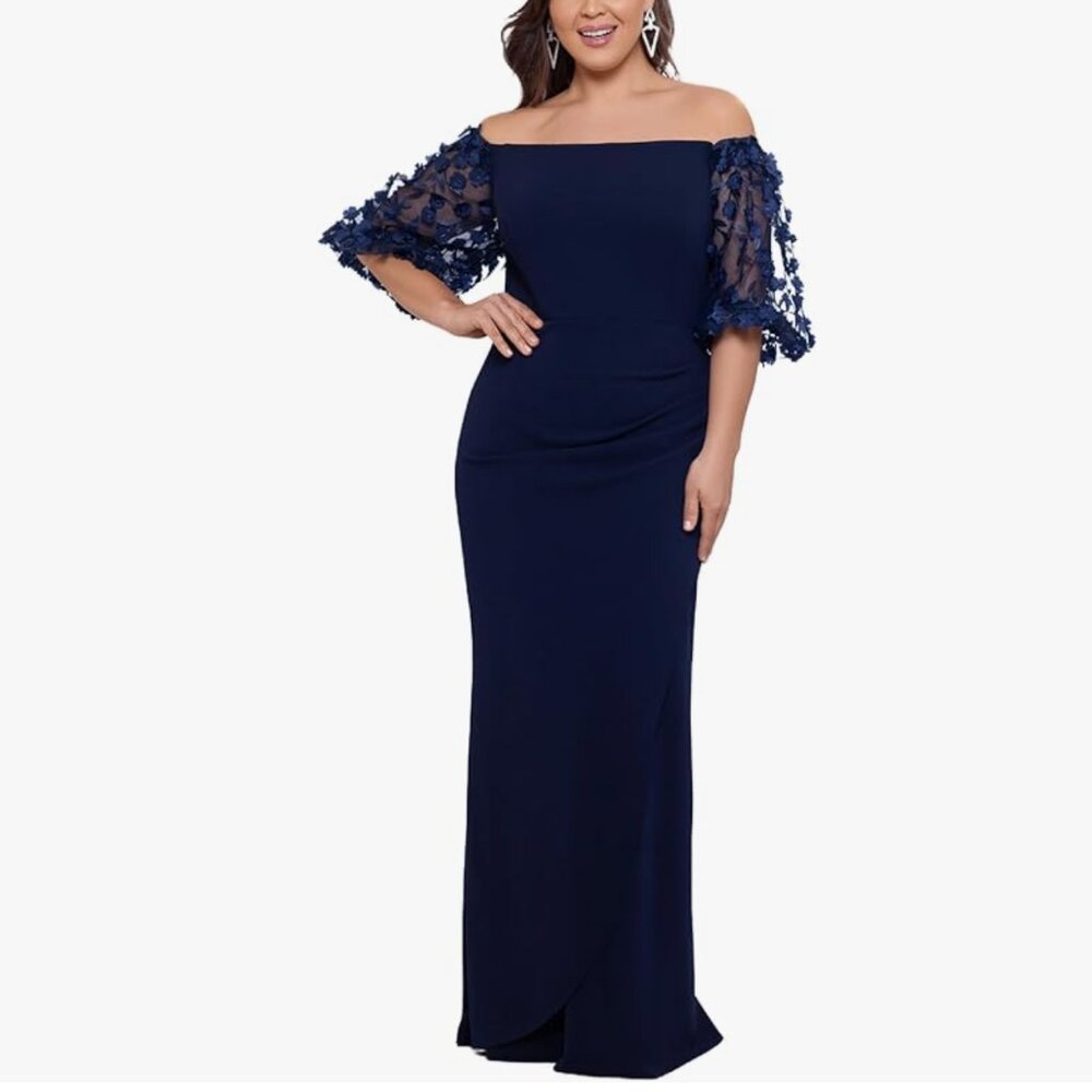 Xscape Navy Off Shoulder Embellished FloralSheer Puff Sleeves, 16W